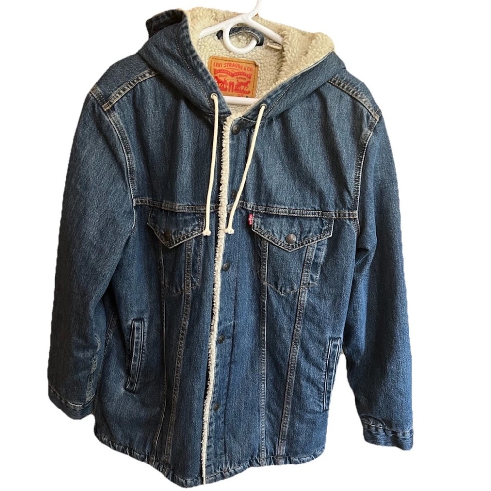 Levi's 72795 Sherpa Lined Hooded Denim Extended Length Jacket M Rare Oversized - Picture 1 of 13